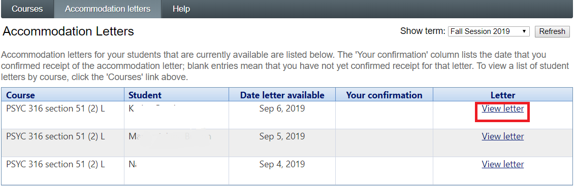 Accommodation letters tab
View letter 